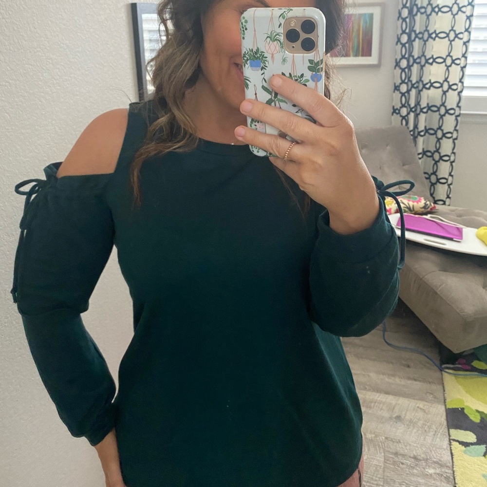 XHILARATION Bow Sleeve Dark Teal Cold Shoulder Top